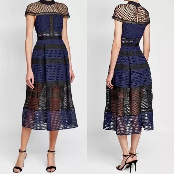 NWT Self-Portrait Navy Paneled Guipure Lace Dress - sz 2 US - Picture 1 of 6
